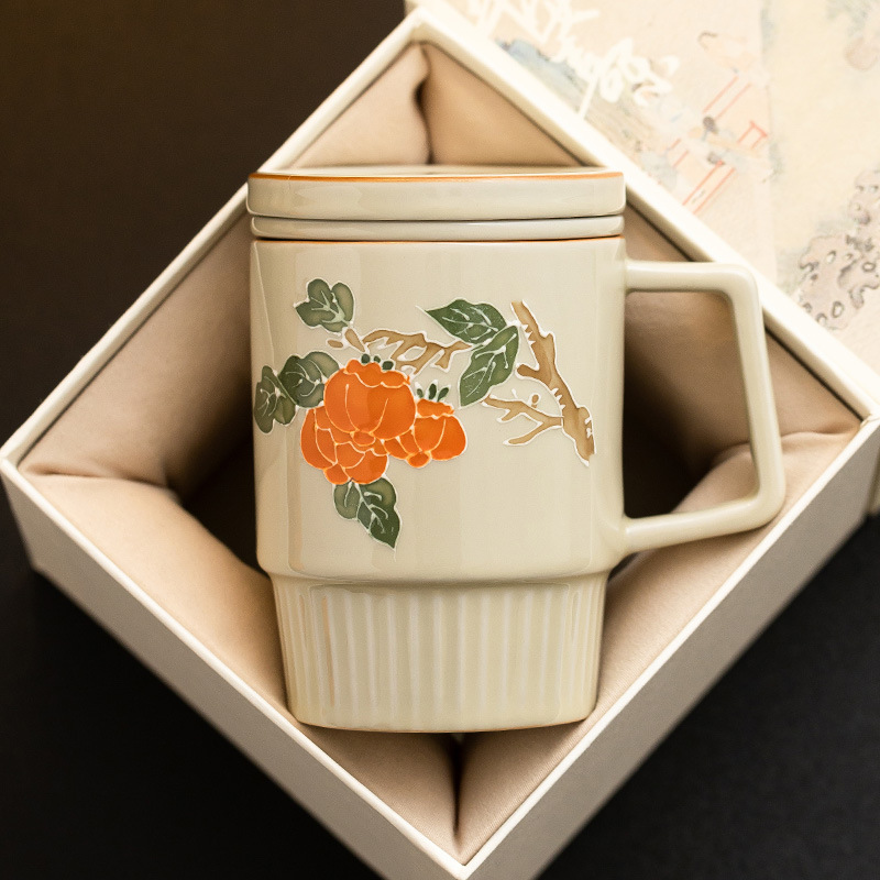 Vẽ tay đống chạm khắc hồng hồng Ruyi Cốc uống nước có nắp Cốc tách trà văn phòng gia dụng gốm sứ nữ