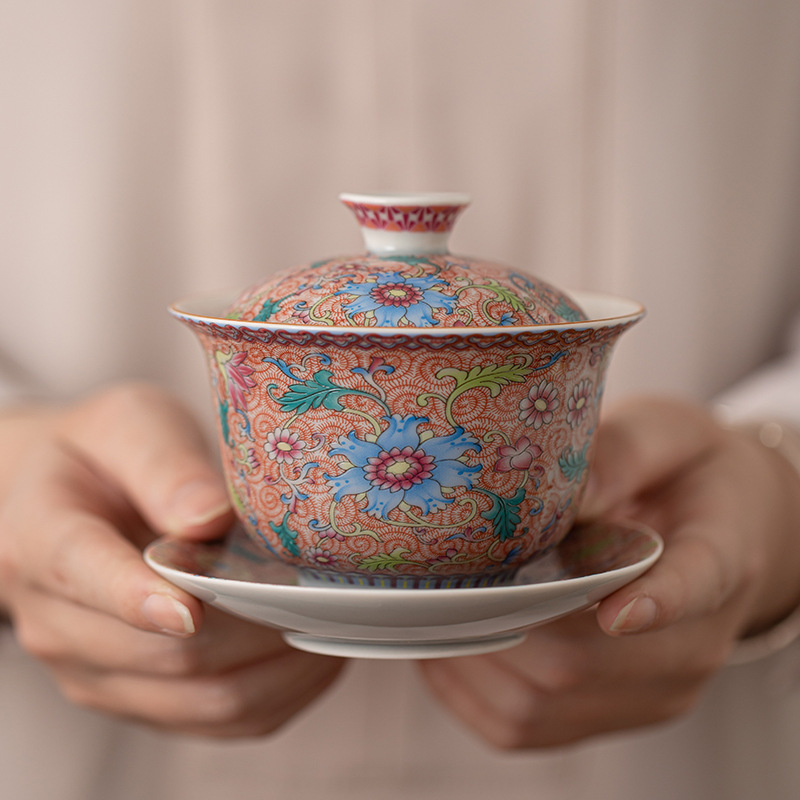 Bát có nắp tam tài hoa tráng men, bát pha trà gốm sứ kiểu Trung Quốc, cốc chủ, cốc trà, cốc công bằng, dụng cụ trà Kung Fu gia dụng