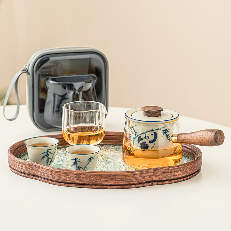 Bộ ấm trà tay cầm bên hoa cúc nhỏ vẽ tay Bộ trà khay pha trà Kung Fu gia dụng Bộ trà du lịch ngoài trời di động