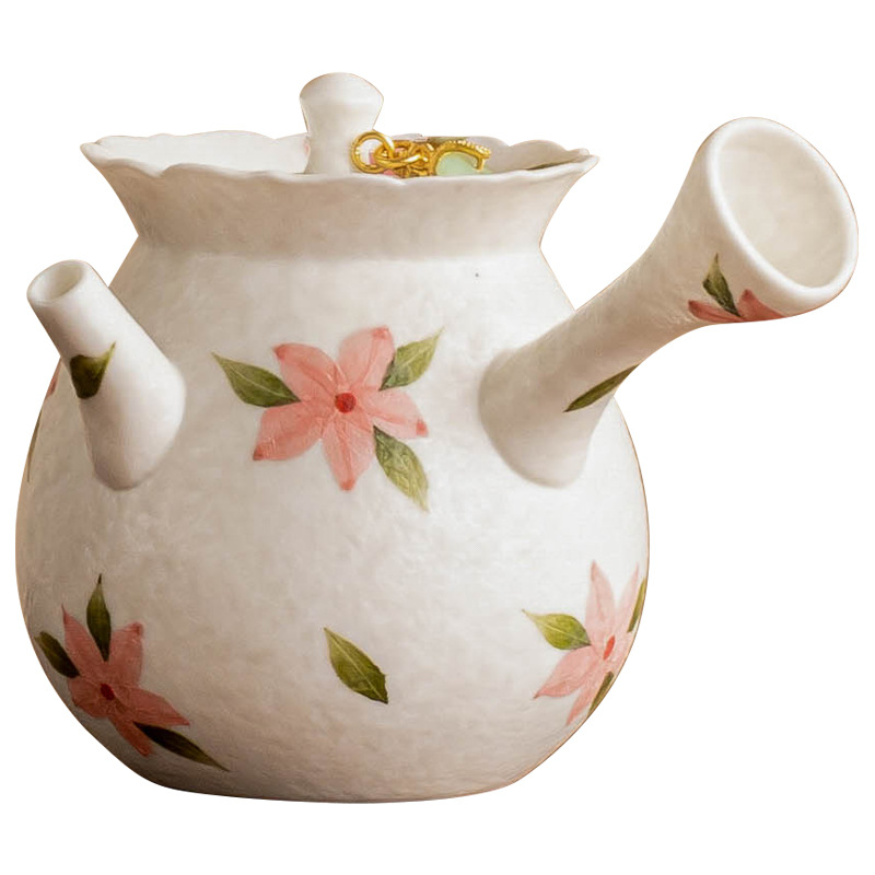 Ấm trà tay cầm bên hoa anh đào trắng mỏ đá ấm trà pha trà tay chống bỏng tinh xảo cao cấp ấm trà gốm sứ gia dụng dụng cụ trà kungfu