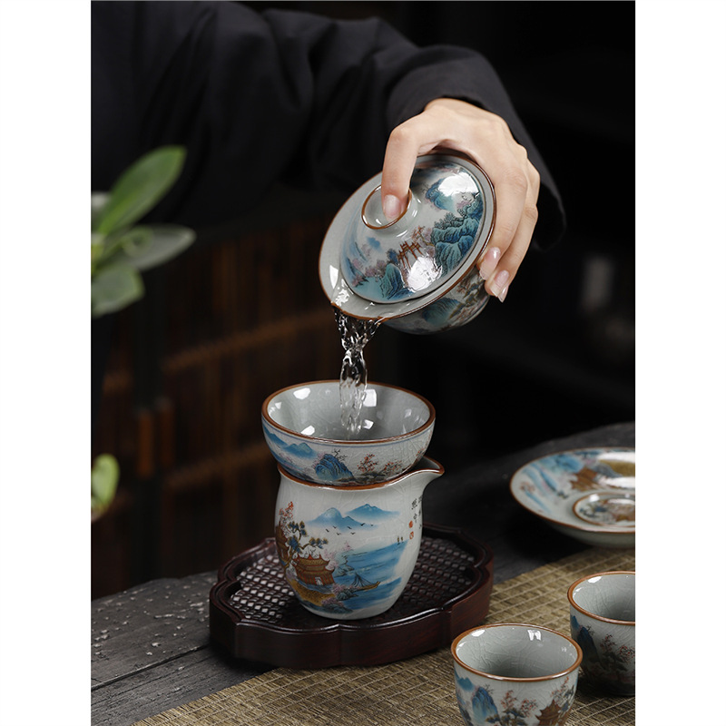 Bộ ấm trà Kung Fu bằng sứ xanh trắng bằng đất sét cũ, bộ ấm trà cao cấp phong cảnh mở kiểu Trung Quốc, bán buôn cốc trà gia dụng