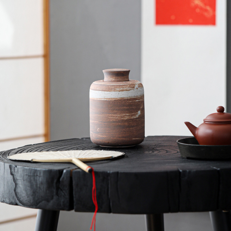 Bình đựng trà bóng gốm thô kiểu Nhật, bình đựng trà kín chống ẩm gốm sứ gia dụng cổ điển thủ công