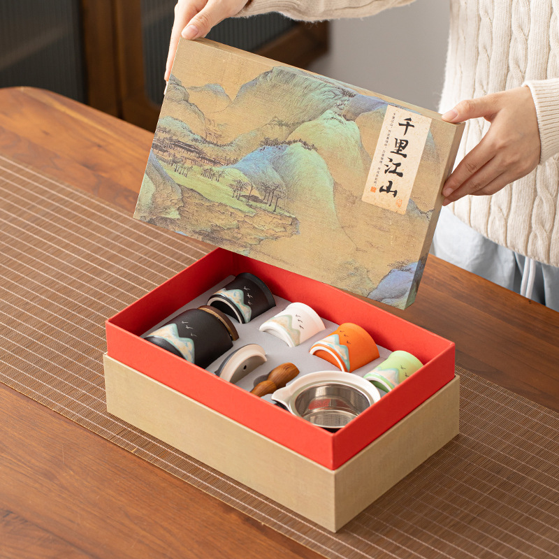 Bộ ấm trà quốc gia phong cách thủy triều vẽ tay Bộ ấm trà tay cầm bên gia dụng đơn giản trọn Bộ hộp quà Bộ ấm trà Kung Fu