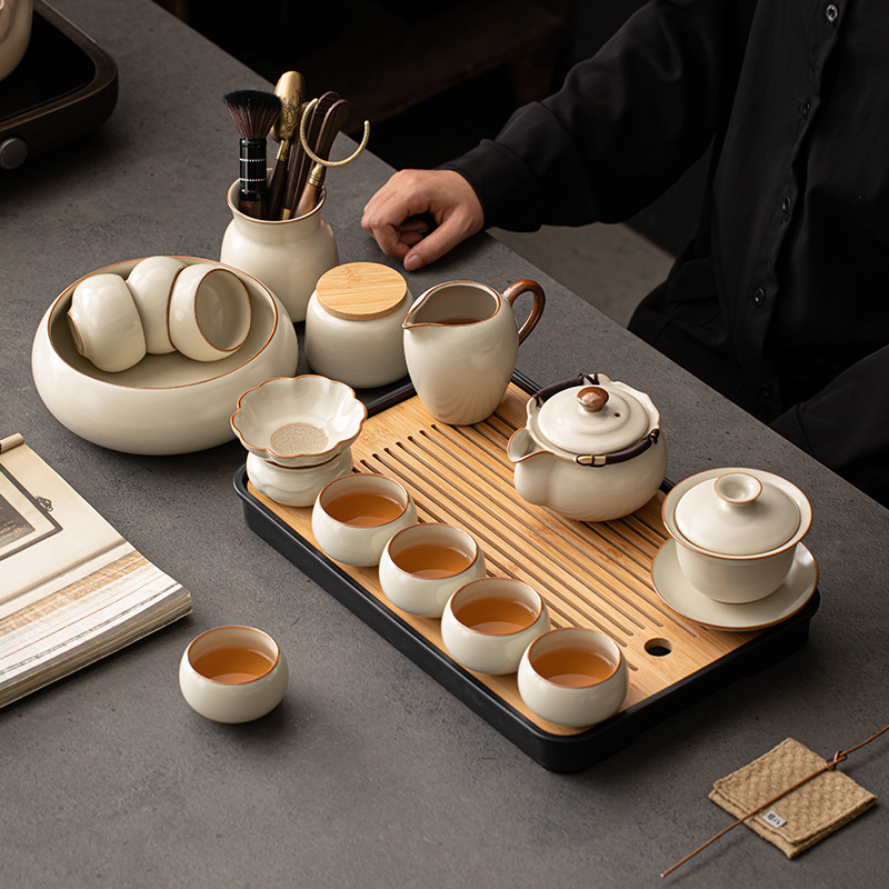 Bộ dụng cụ pha trà Kung Fu Ru Kiln mẫu mới 2025 Bộ dụng cụ pha trà uống trà văn phòng gia dụng bộ cốc trà ấm trà