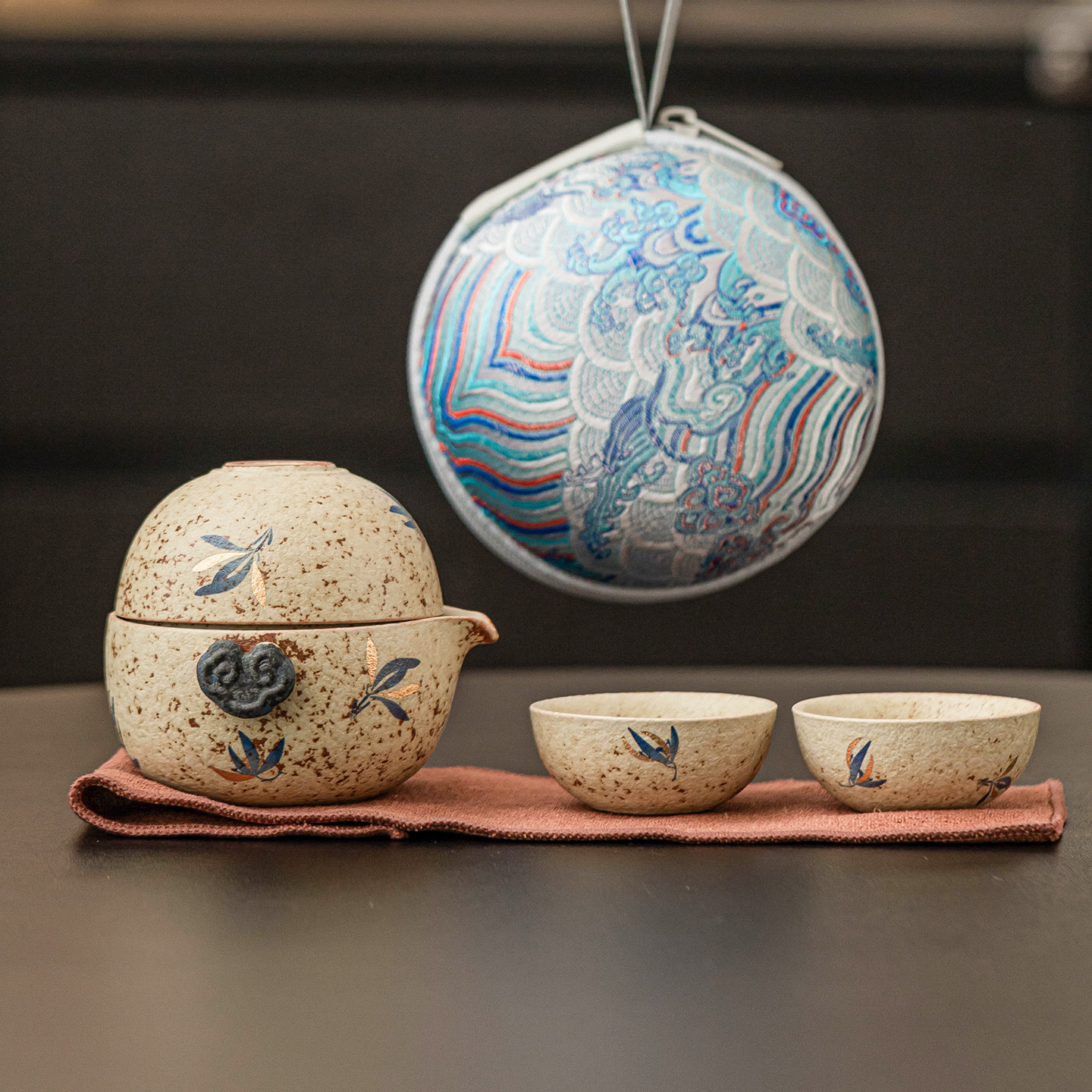 Bộ trà du lịch đá lửa trắng xanh, cốc khách nhanh gốm sứ Ruyi, thiết bị uống trà cắm trại ngoài trời, bộ trà uống cho một người