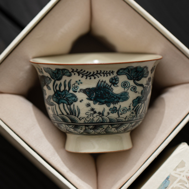 Tách trà gốm sứ kiểu Trung Hoa giả cổ nhà Tống, họa tiết vảy cá, bộ trà đạo, tách nếm trà, tách chủ, tách đơn, men nứt