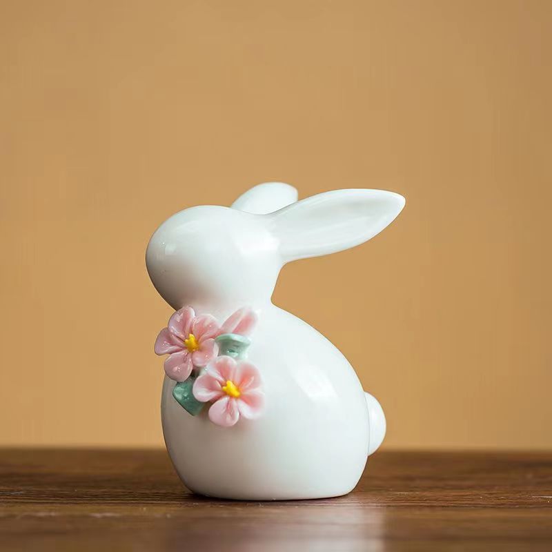Nhà sản xuất cung cấp hoa thủ công gốm sứ thỏ nhỏ đồ trang trí bàn trà Thỏ Gốm sứ có nắp trà Thỏ Gốm sứ