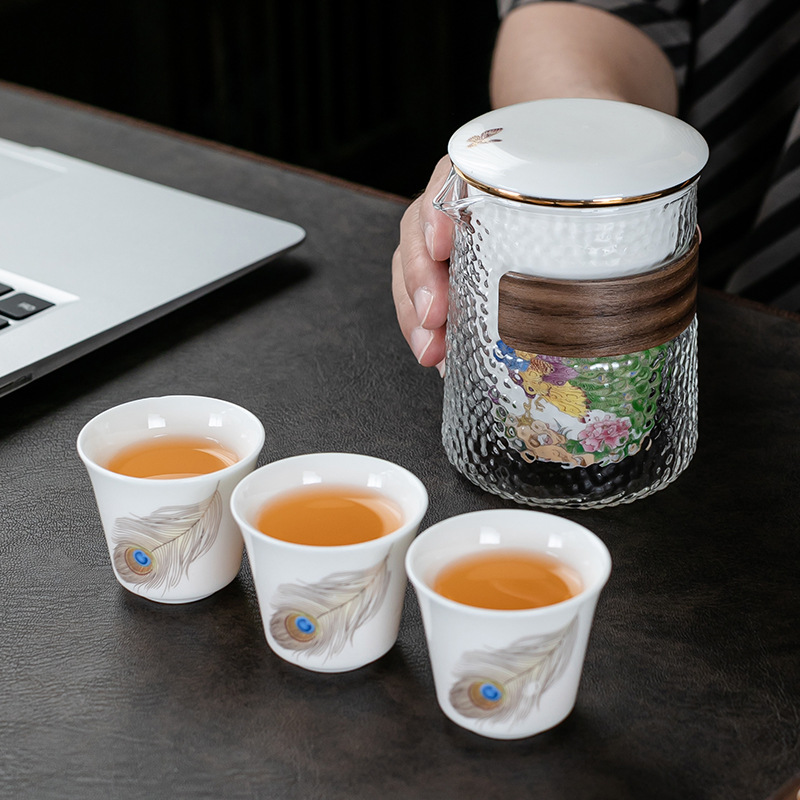 Dụng cụ pha trà di động thủy tinh công bằng nhanh dụng cụ trà du lịch một ấm Ba cốc Bộ gia dụng quà tặng doanh nghiệp LOGO