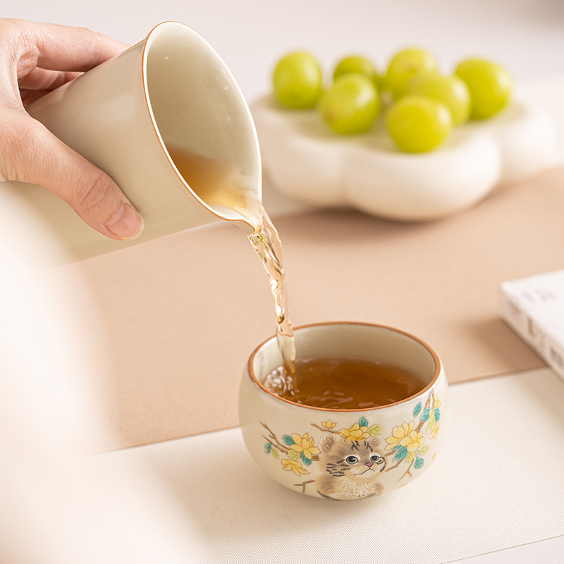 Cốc trà gốm sứ Ru kiln hình mèo, thích hợp cho bé gái, dùng cá nhân, cỡ lớn, cốc chính, cốc đơn, quà tặng.