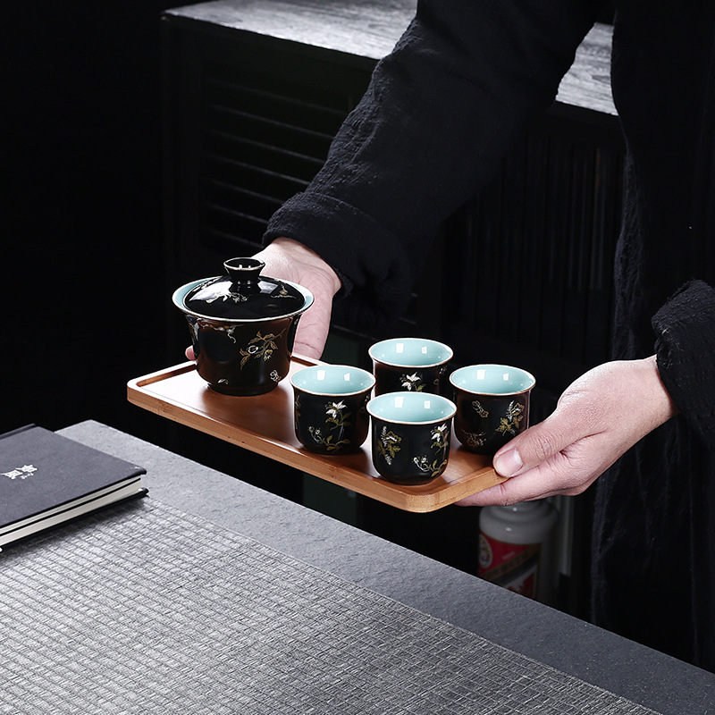 Bộ ấm trà tráng men đen bộ trà du lịch khay trà một ấm bốn chén gia dụng bộ trà có nắp cốc trà quà lưu niệm cao cấp