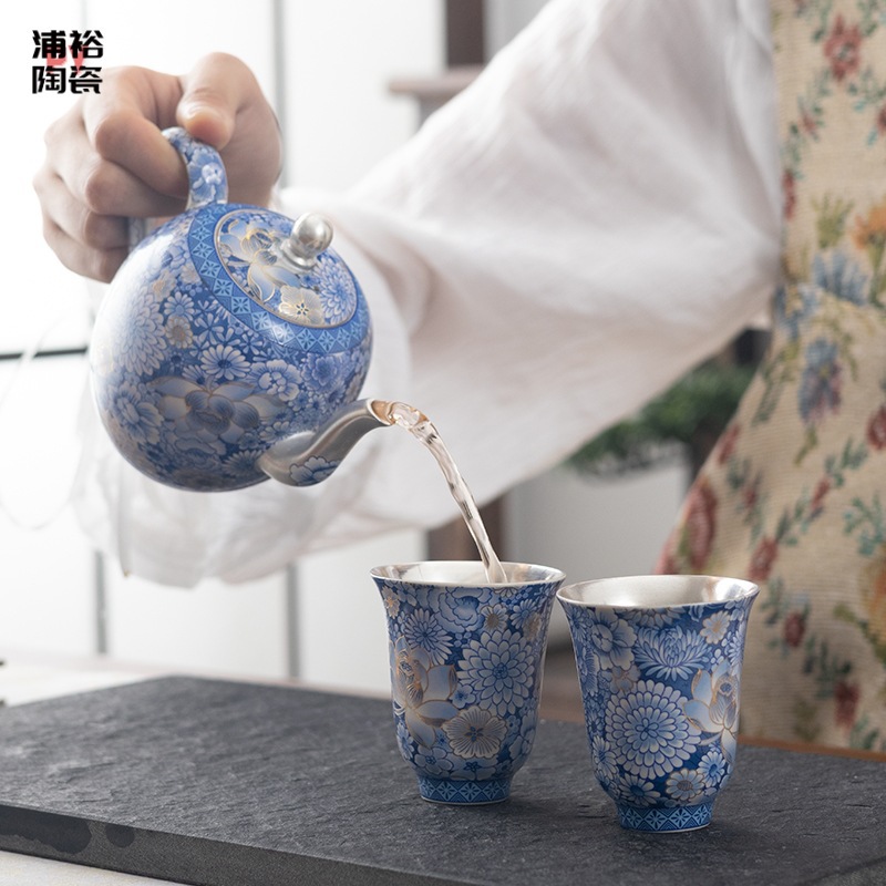 Zhou Hongjie Bộ ấm trà Kung Fu gốm sứ gia dụng Bộ ấm trà cốc trà Bộ ấm trà 999 bạc