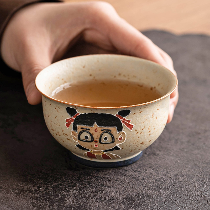 Cốc trà gốm đá lửa trắng xanh cốc chủ nhân cốc đơn bộ trà gia dụng cốc uống trà một người cốc trà sáng tạo cốc trà Nezha