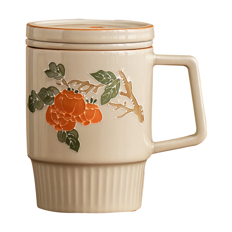 Vẽ tay đống chạm khắc hồng hồng Ruyi Cốc uống nước có nắp Cốc tách trà văn phòng gia dụng gốm sứ nữ