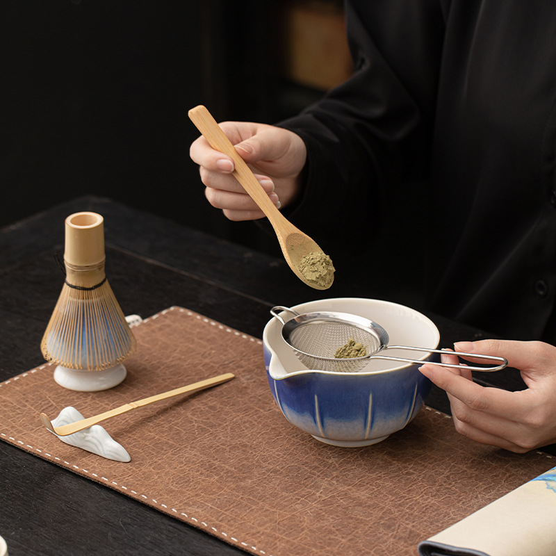 Bộ trà Matcha hoa văn dọc Bộ lớn Bình trà Bát Matcha đứng Muỗng lọc thìa trà Bộ trà Matcha Phụ kiện gốm sứ