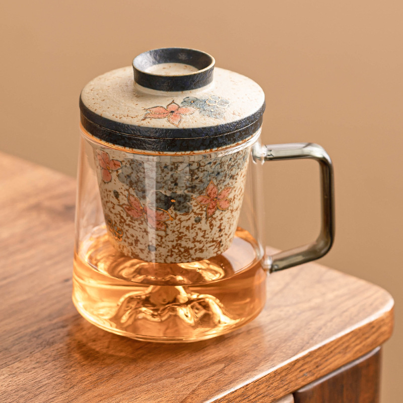 Cốc trà thủy tinh đỏ lục lam trắng, cốc tách nước trà, cốc văn phòng thêu vàng hoa cẩm tú cầu mây, cốc retro cao cấp