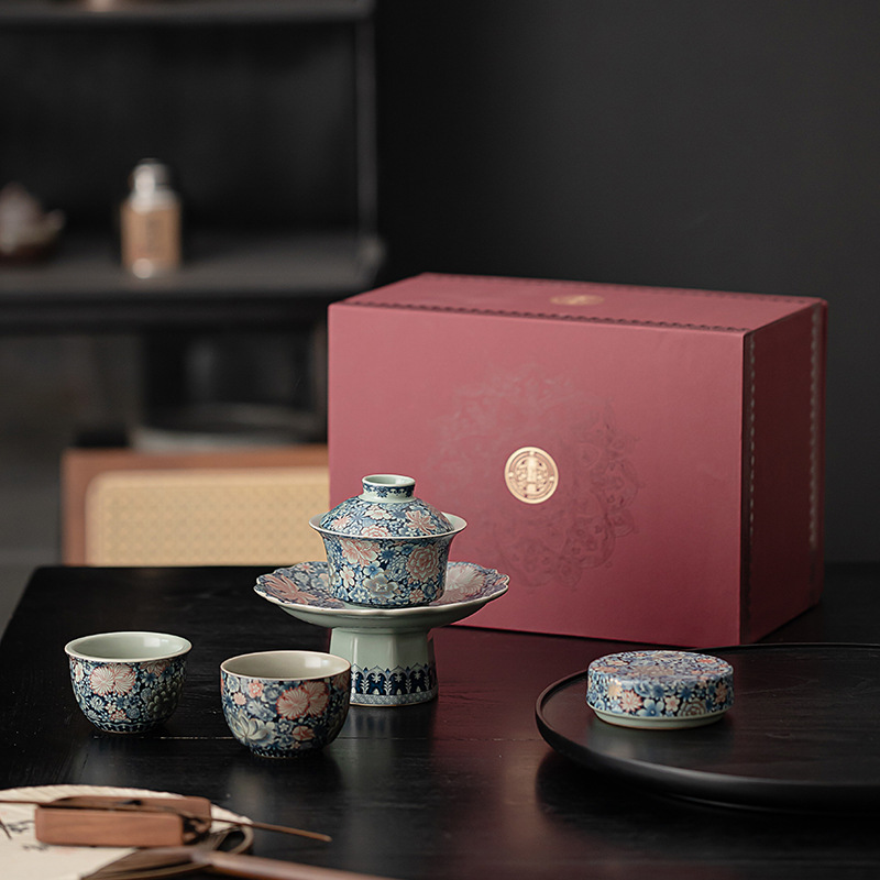 Ru Kiln Sứ trắng xanh giống như vàng Bộ ấm trà có nắp ba tài Bộ trà Kung Fu bằng gốm để sử dụng tại nhà với nắp cốc và tách trà.