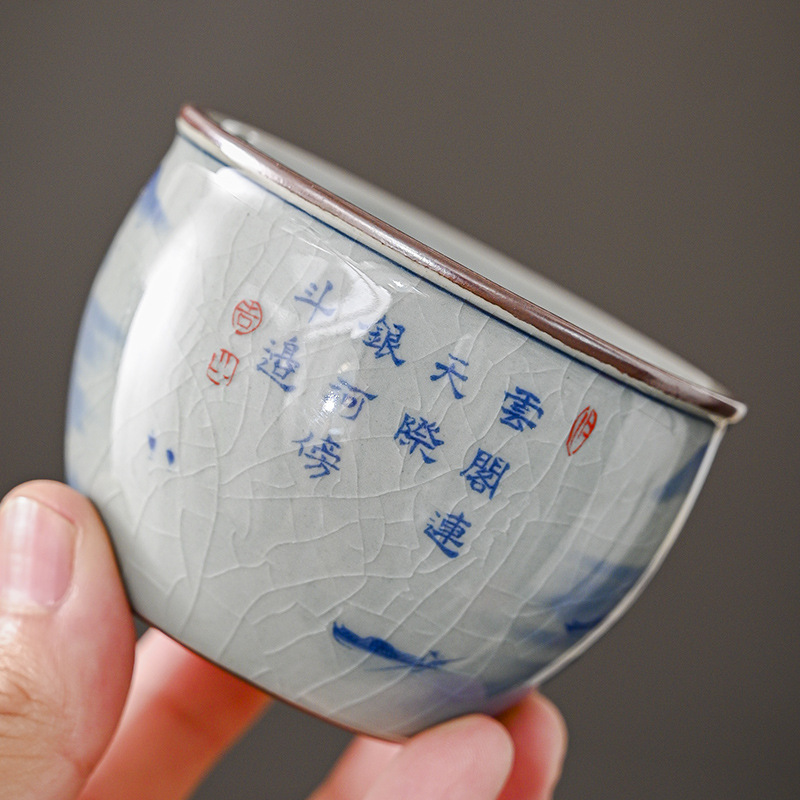 Cốc chủ nhân màu xanh và trắng, gốm cũ, đất sét, cành sen, trà, tách trà, cốc đơn, gốm sứ thủ công, cốc nước, bát trà