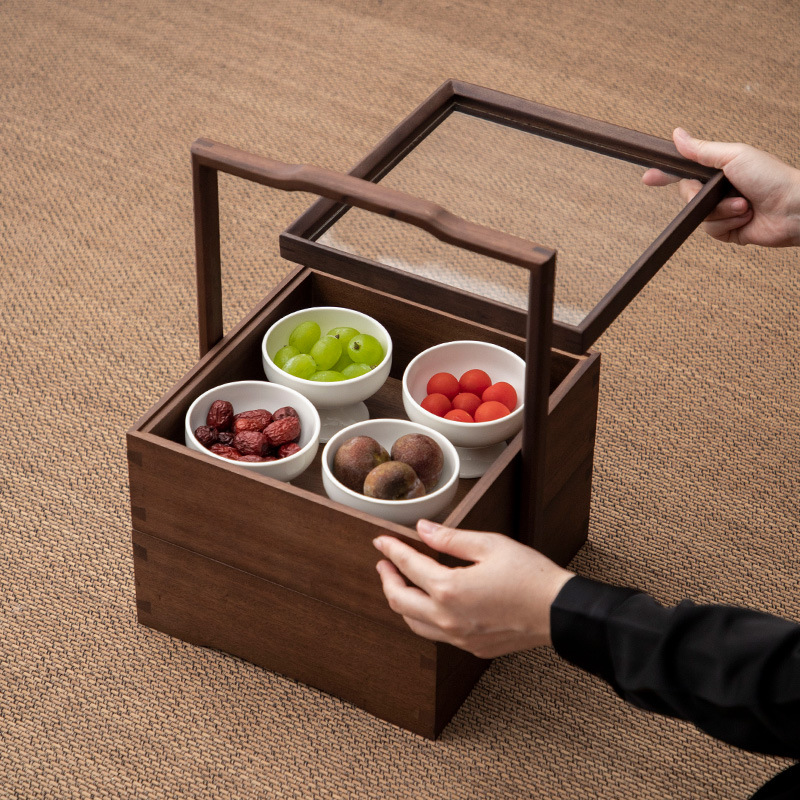 Hộp đựng trái cây sấy khô bằng Gỗ Óc Chó Hộp đựng thực phẩm Khay hạt Dim Sum Trung Quốc Hộp đựng trà xách tay nhiều tầng Hộp đựng đồ ăn nhẹ Hộp quà bánh ngọt