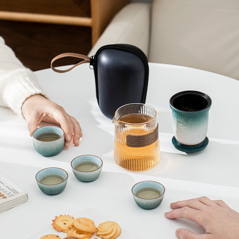 Bộ trà du lịch lưu trữ di động tráng men đá xanh Bộ đồ nhỏ Cốc pha trà thủy tinh dễ mang theo ngoài trời