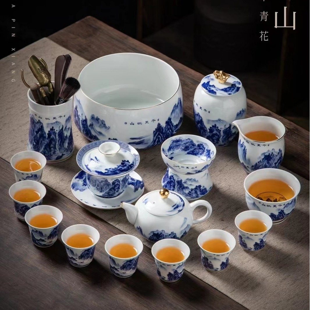 Bộ ấm trà Kung Fu màu xanh và trắng Jingdezhen, ấm trà có nắp gia dụng cổ, tách trà văn phòng, hộp quà