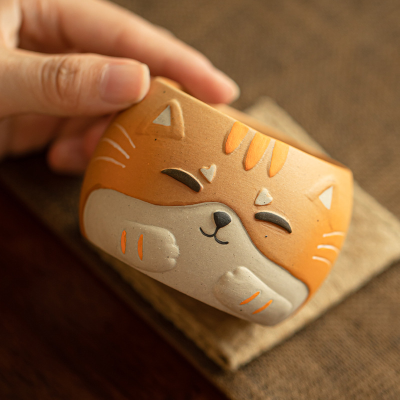 Cốc chủ nhân mèo cá gỗ vẽ tay hoạt hình bộ tách trà dụng cụ trà kungfu gia dụng