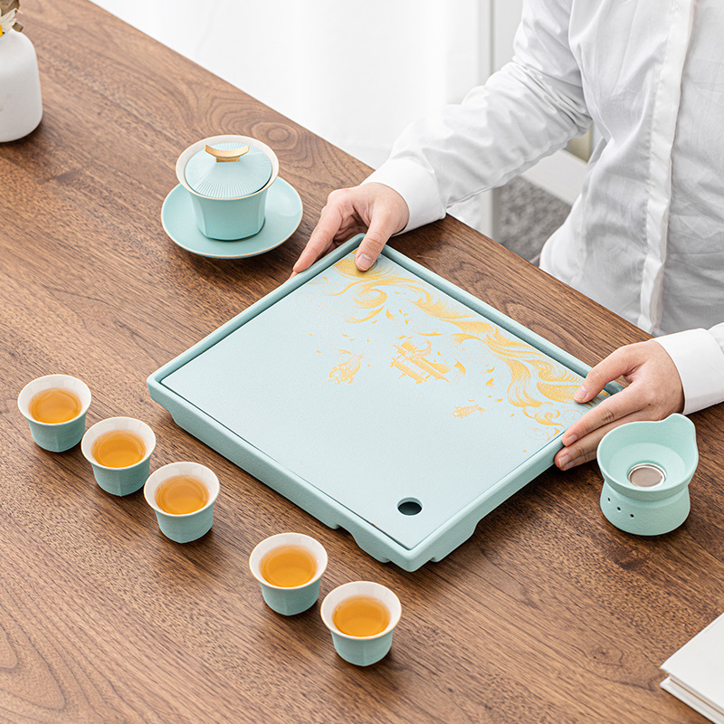 Khay trà gốm sứ Kung Fu thời trang Tử Cấm Thành, phòng khách gia dụng, bàn trà pha khô kiểu trữ nước kiểu Trung Quốc sang trọng hiện đại