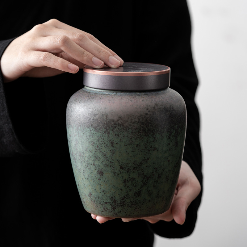 Hũ đựng trà gốm thô tráng men mạ vàng kiểu Nhật Hũ đựng trà gốm sứ gia dụng cổ điển thủ công Hũ đựng trà lớn
