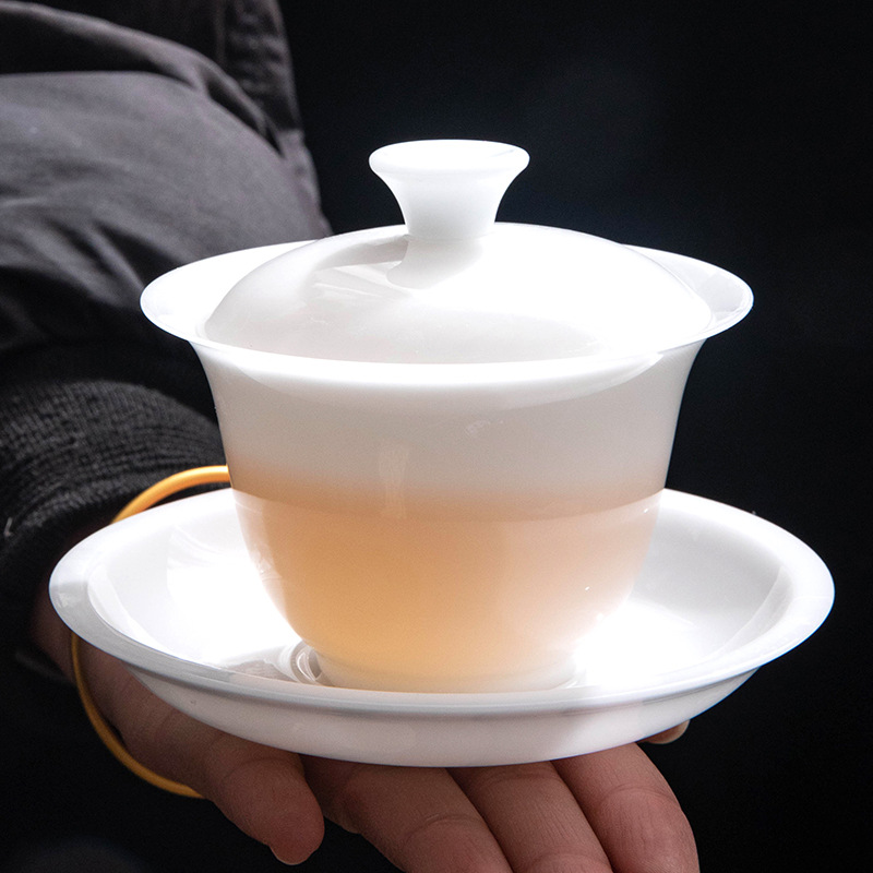 Bộ ấm chén trà Kung Fu sứ trắng Dehua cao cấp, bát phủ men ngọc bích Sancai, quà tặng văn phòng gia đình