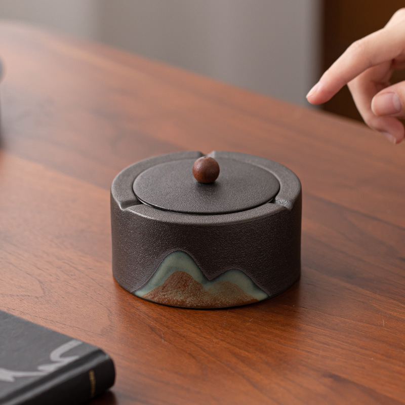 Gạt tàn có nắp, chống gió, chống bay, đồ trang trí gạt tàn gốm sứ đơn giản cho phòng khách gia dụng, văn phòng