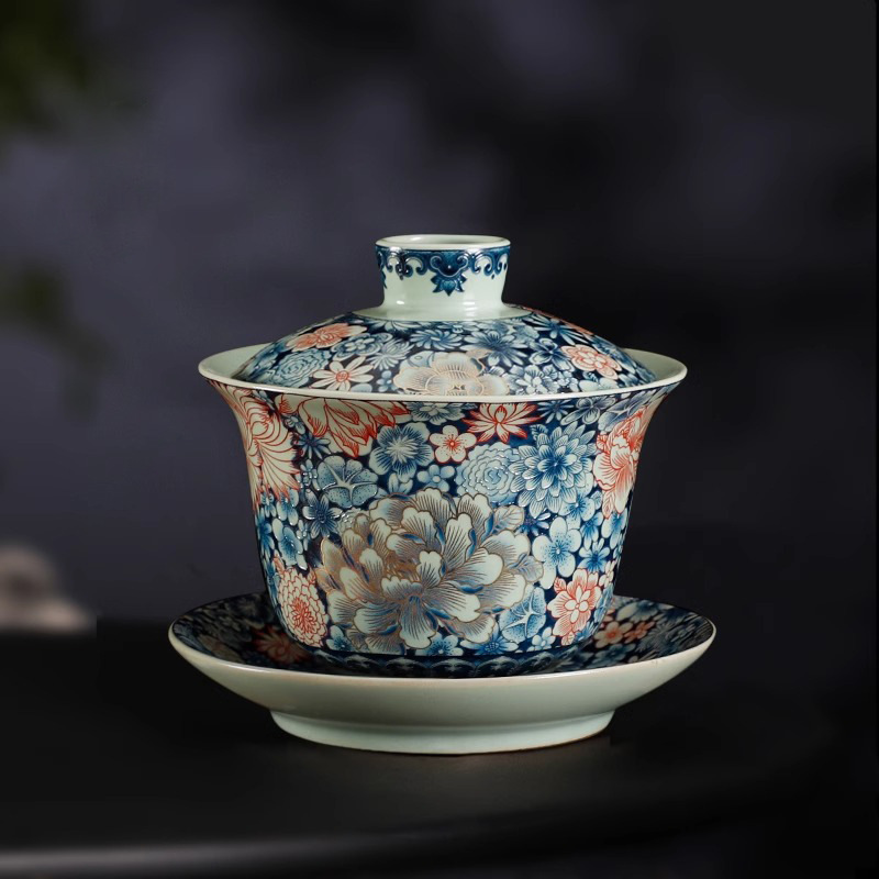 Lò nung Tianqingru mở lát trăm hoa gốm sứ trắng xanh bát có nắp ba tài dụng cụ pha trà Kung Fu bát pha trà đơn gia dụng