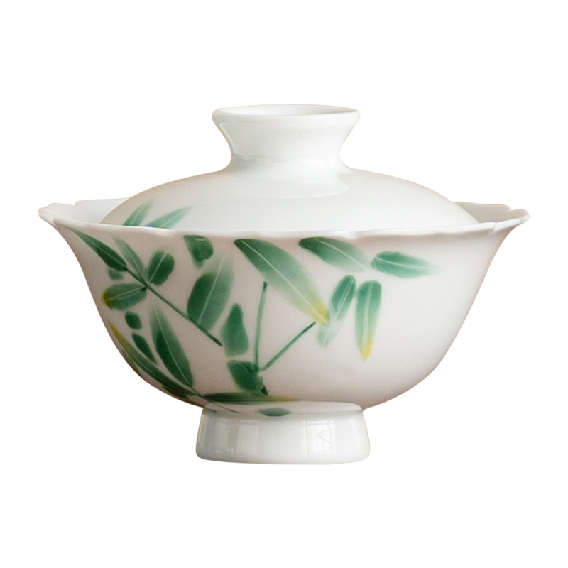 Bát trà có nắp sứ trắng Dehua chén trà vẽ tay có nắp bát pha trà Kung Fu chịu nhiệt gia dụng