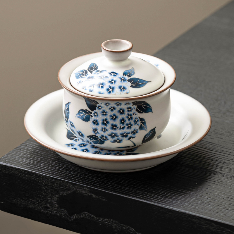 Cốc trà có nắp đậy Ruyao Sancai Cốc trà mỡ lợn đông lạnh Ruqing hoa cẩm tú cầu sứ Ru Bát trà có nắp chống bỏng Một bát hai cốc