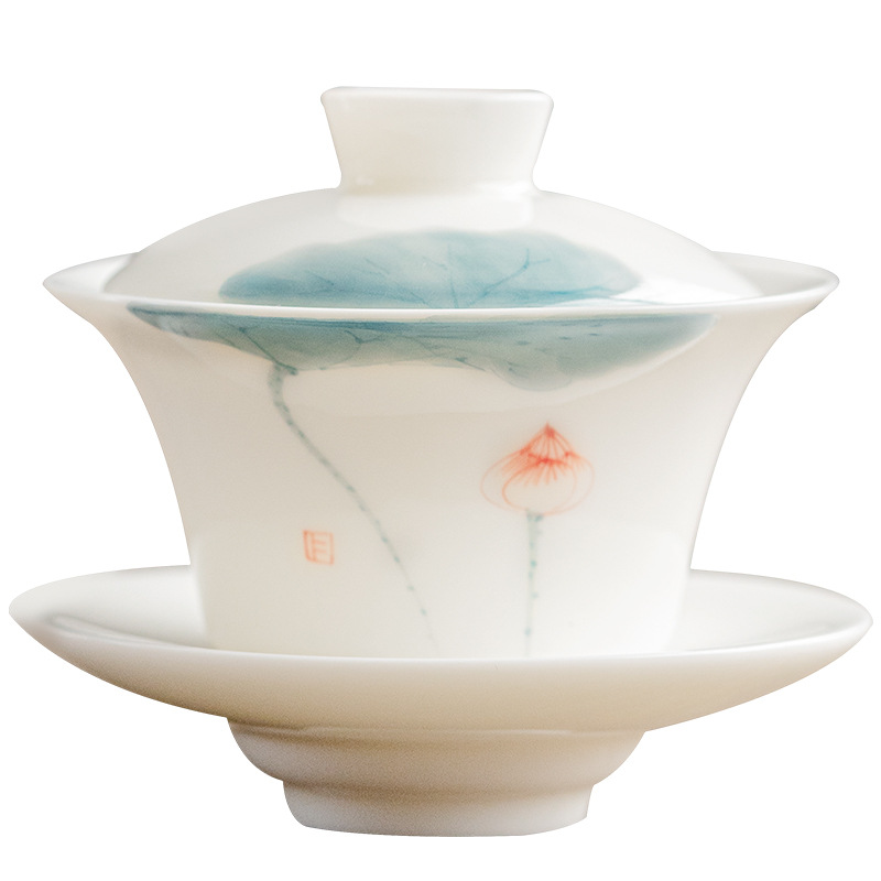 Bát có nắp ba tài bằng ngọc trắng vẽ tay để pha trà, tách trà nổi đơn bằng sứ trắng, bộ trà kung fu bằng gốm.