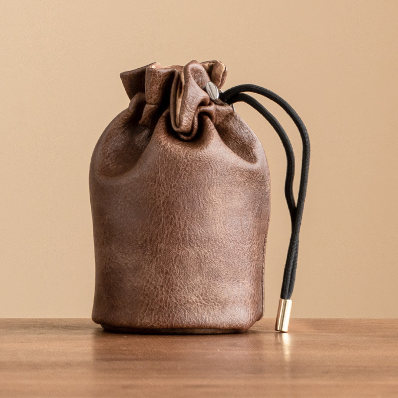 Túi da tháo nhanh màu cà phê tối giản Bộ trà du lịch dây rút kiểu Trung Quốc Túi lưu trữ chống va chạm Túi đựng trà ngoài trời sự kiện da