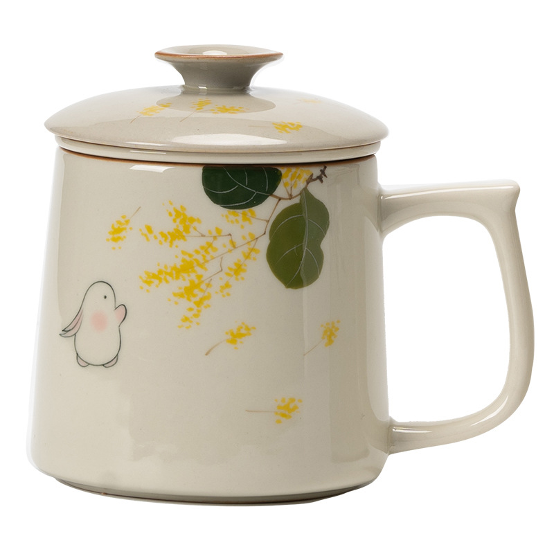 Ly trà sứ họa tiết hoa quế vàng vẽ tay, tách nước trà, có nắp, dùng làm cốc văn phòng