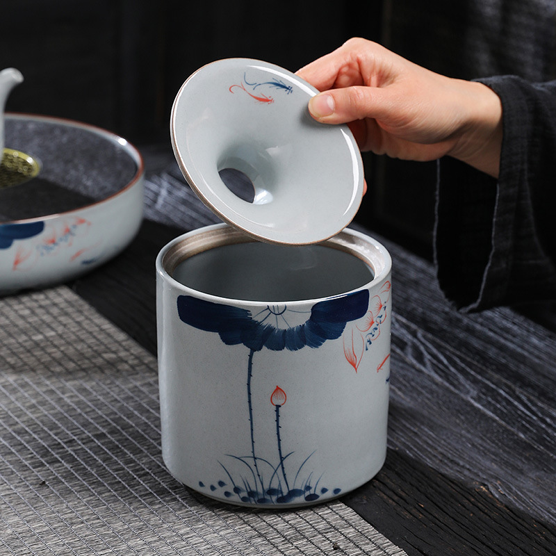 Thùng rửa trà, thùng đựng bã trà, chậu rửa bằng sứ, thùng đựng bã trà, thùng đựng trà vẽ tay, gạt tàn nước thải, bể nước