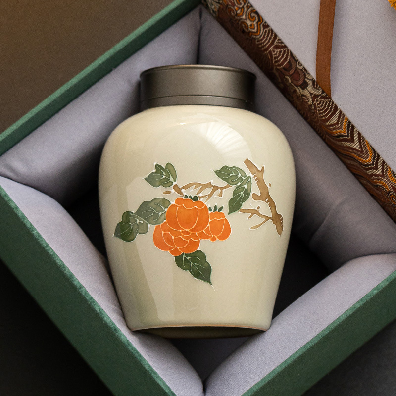 Vẽ tay hồng hồng mơ hợp kim nắp gốm sứ bộ trà bình đựng trà bình đựng trà dung tích lớn bình kín chống ẩm bình rỗng