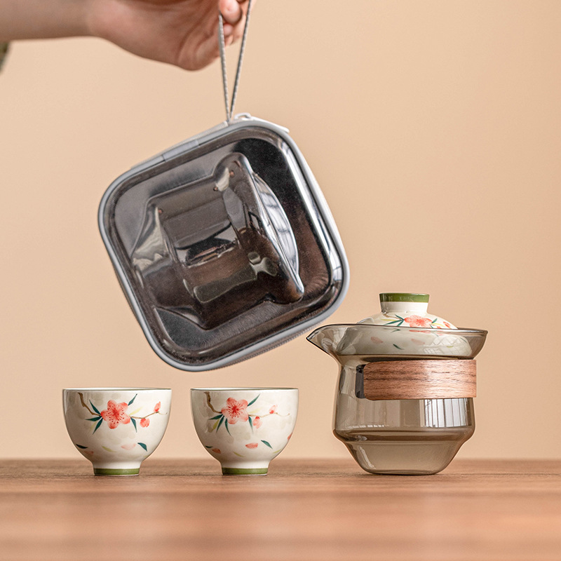 Bộ trà du lịch hoa đào vẽ tay, bộ trà di động cắm trại ngoài trời, cốc thủy tinh nhanh, một ấm hai cốc