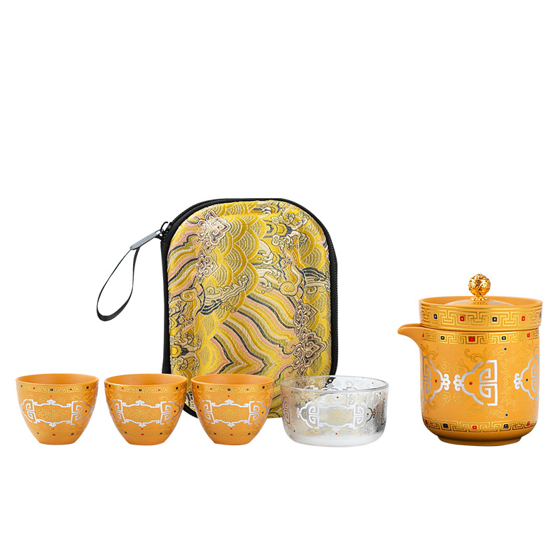 Bộ ấm chén du lịch văn hóa và sáng tạo Đôn Hoàng, chất liệu đất sét vàng tím, kiểu dáng cắm trại ngoài trời, tiện mang theo, ly nhỏ gọn