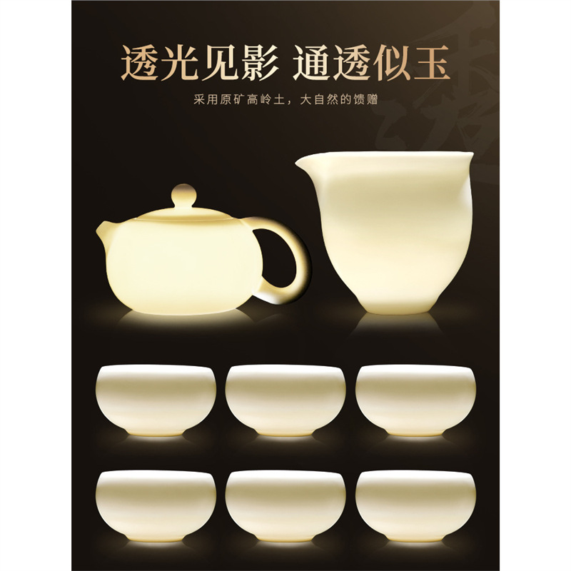 Bộ ấm trà Kung Fu bằng sứ trắng ngọc bích cốc trà có nắp đậy cao cấp cho khách văn phòng dùng trong phòng khách
