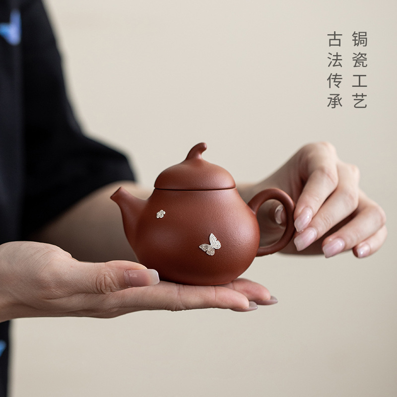 Ấm trà bầu đất sét màu tím tráng men bạc, ấm trà lọc nhỏ sáng tạo theo phong cách retro, hộp quà tặng một nồi dành cho các nhà lãnh đạo và người lớn tuổi.