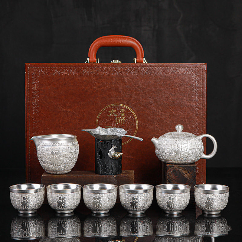 Bộ trà cao cấp Jingdezhen Bộ trà Kung Fu bạc mạ bạc 999 khai trương tân gia gửi bạn bè dẫn dắt khách hàng