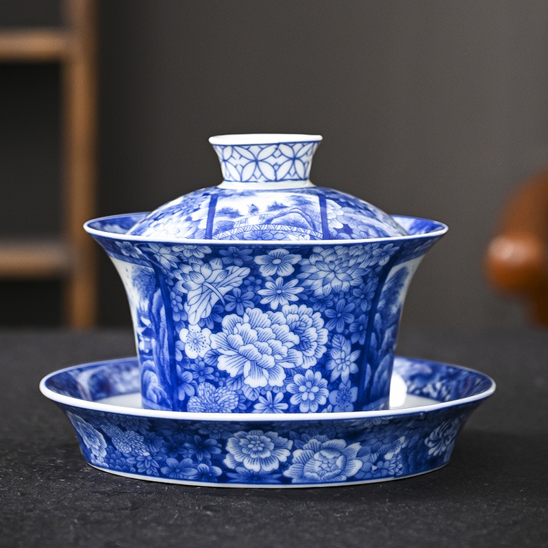 Jingdezhen sứ trắng xanh bát nắp tam tài cốc trà Bộ trà Bát pha trà bát Gốm sứ văn phòng gia dụng đơn