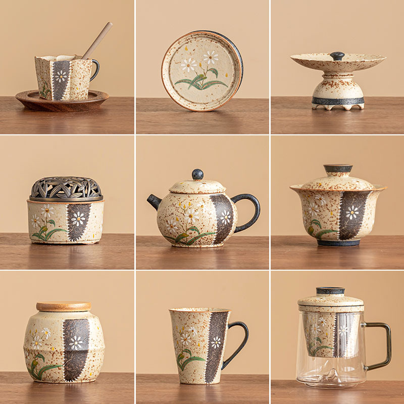 Bộ trà gốm sứ cổ đỏ đá lửa xanh trắng, tách trà hoa cúc nhỏ cao cấp, cốc chủ nhân, bát đựng trà, lư hương, cốc cà phê