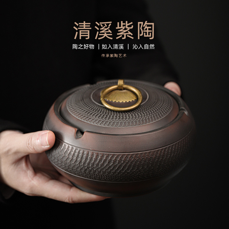 Gạt tàn Gốm Tím Thanh Tây sáng tạo gốm sứ cỡ lớn gia dụng phòng khách có nắp đậy Gạt Tàn Tro chống bay