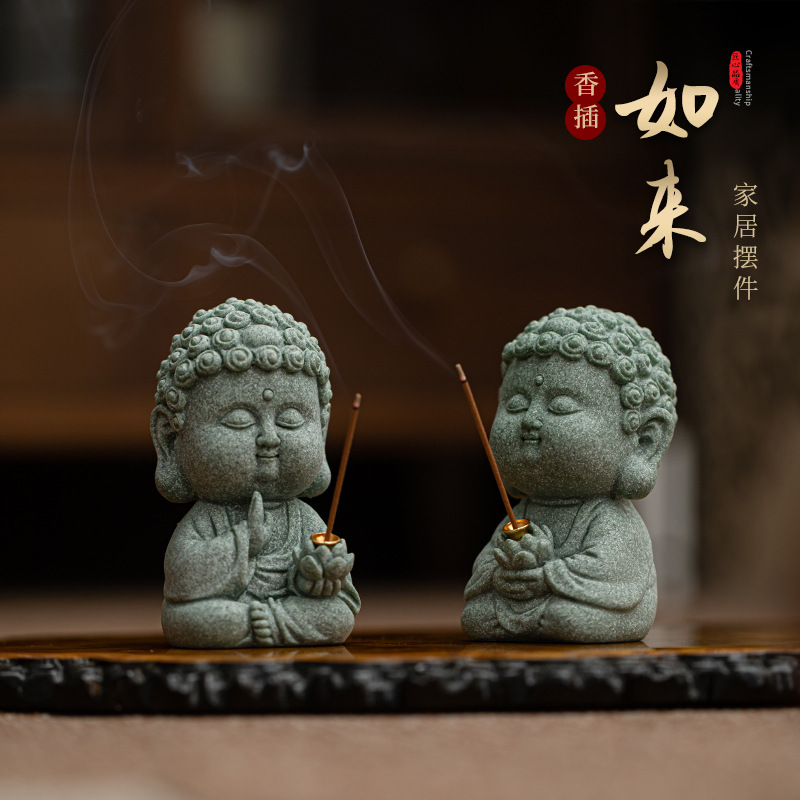 Trang trí trang trí bàn trà gia đình bằng đá sa thạch xanh thiền Như Lai hương thơm nhỏ phụ kiện bộ trà giá đỡ hương sáng tạo vật nuôi trà