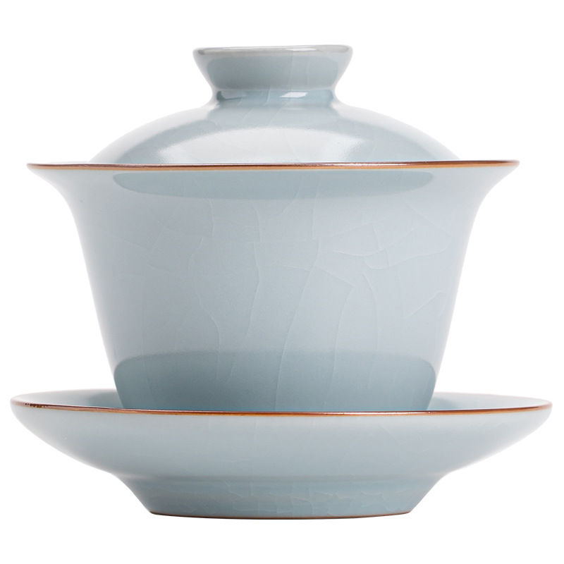 Bộ ấm chén gaiwan ba món Ruyao Kiln, chất liệu gốm sứ gia dụng, cỡ lớn, có men nứt tạo hiệu ứng chỉ vàng.