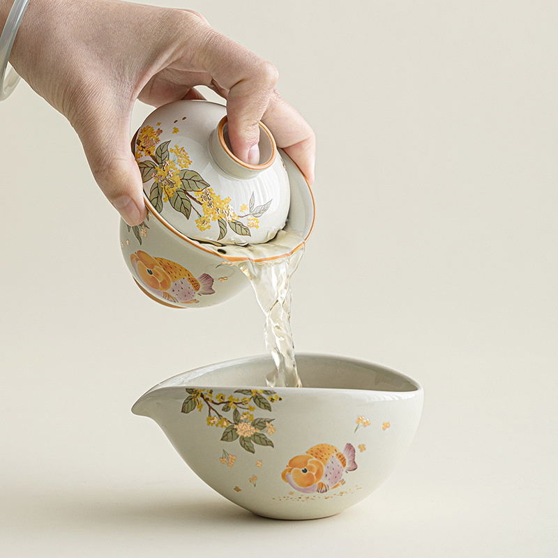 Cốc tách trà cá osmanthus vàng xám thực vật phong cách Trung Quốc dụng cụ tách trà gốm sứ gia dụng cốc trà đồng phục kiểu Trung Quốc phụ kiện bộ trà biển trà
