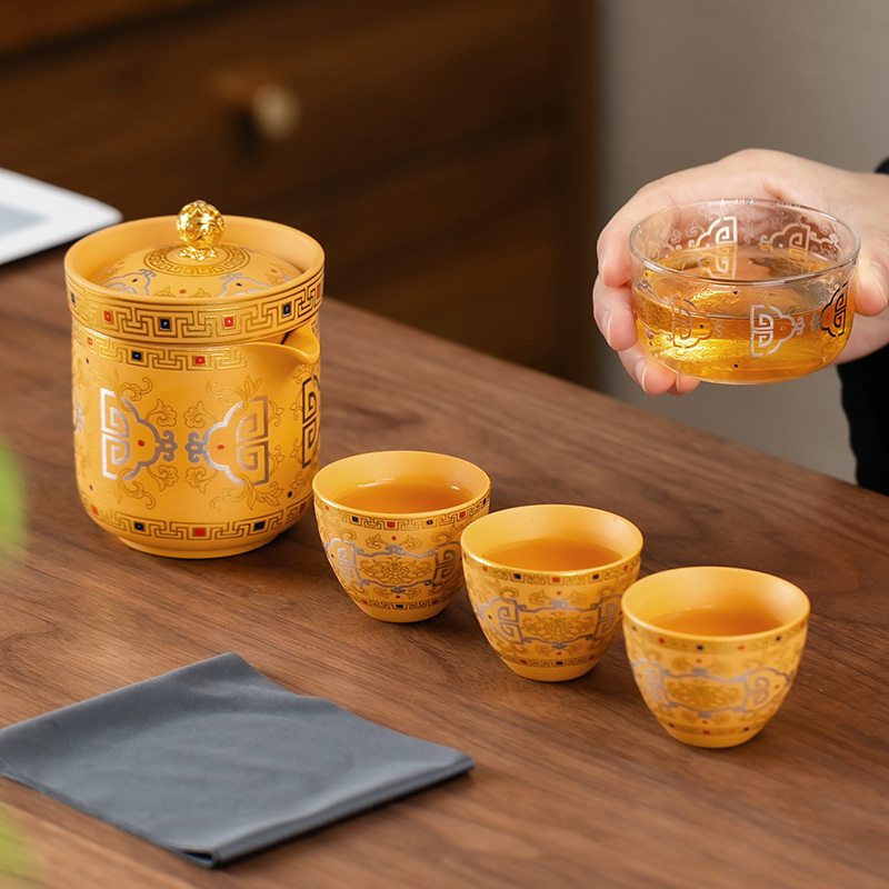 Bộ ấm chén du lịch văn hóa và sáng tạo Đôn Hoàng, chất liệu đất sét vàng tím, kiểu dáng cắm trại ngoài trời, tiện mang theo, ly nhỏ gọn