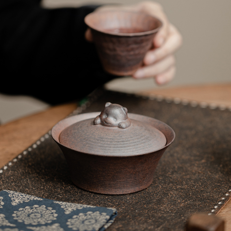 Bát nắp gấu nhị tài phong cách Trung Quốc cổ điển thủ công gốm thô cũ bùn đá bát trà bộ trà kungfu gia dụng hộp quà